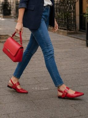 Steve Madden Smokee Red Slingback Flats | Silver Buckle Detail Sz 6 Vegan NWB
